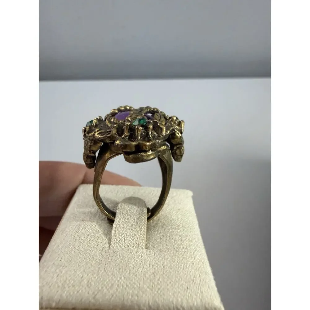 Vintage Gold Tone Purple Cabochon Green Rhinestone Ornate Statement Ring Size 6